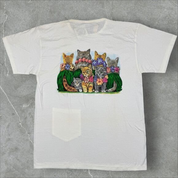 VTG Prints of Tails Maui Clothing Co Hula Cats Pocket T Shirt Loft *Read* - OS - Picture 2 of 8